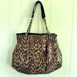Betsey Johnson cheetah print sequin purse gold embellishments shoulder tote